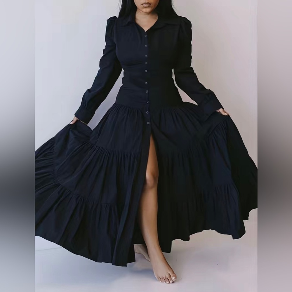 Black Solid Color Lapel Long Sleeve Slim Maxi Dresses